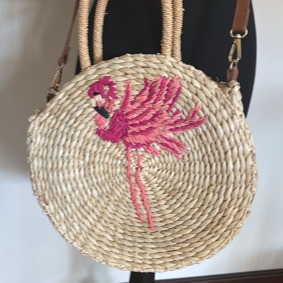 Nordstrom straw bag, flamingo embroidery detail - Picture 2 of 2